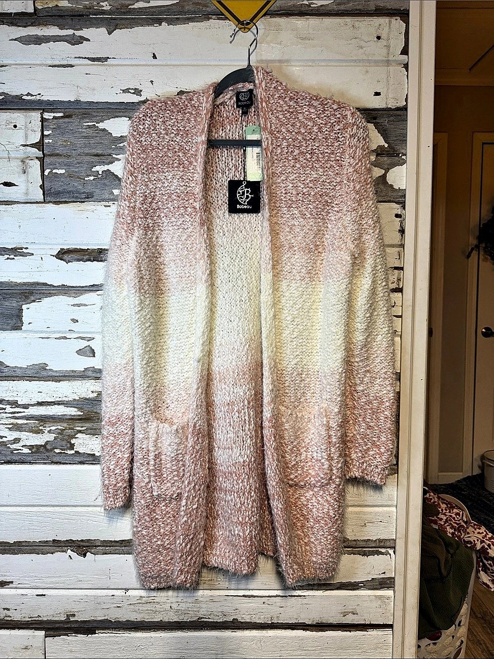 Bobeau Connie Fuzzy Open Cardigan Pink & Cream XL (1146B